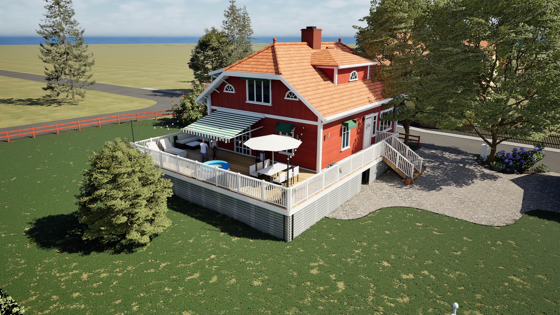 Hela trädgården och verandan från sydväst