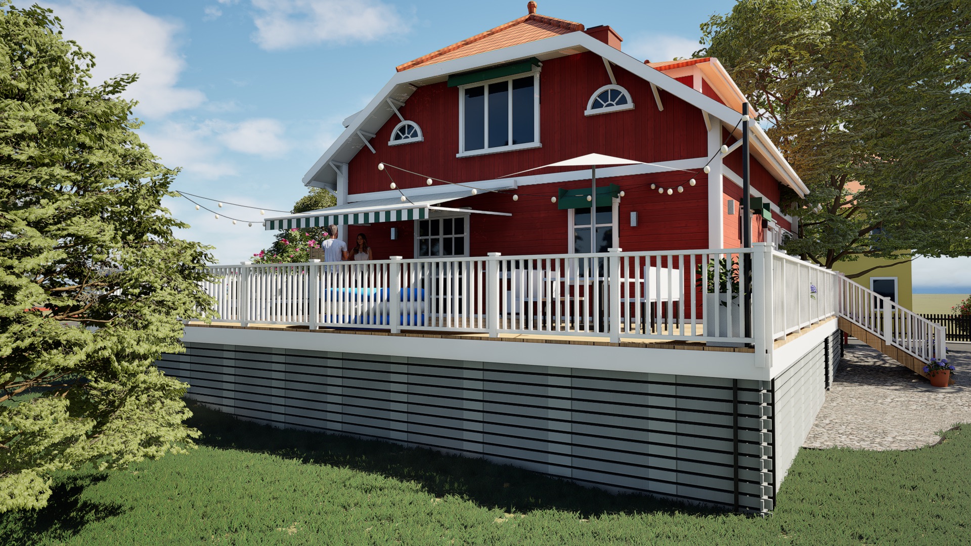 Verandan sedd från gräsmattan i väster