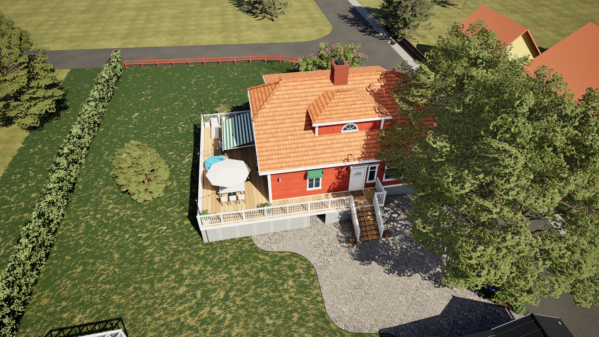 Huset, verandan och trädgården ovanifrån