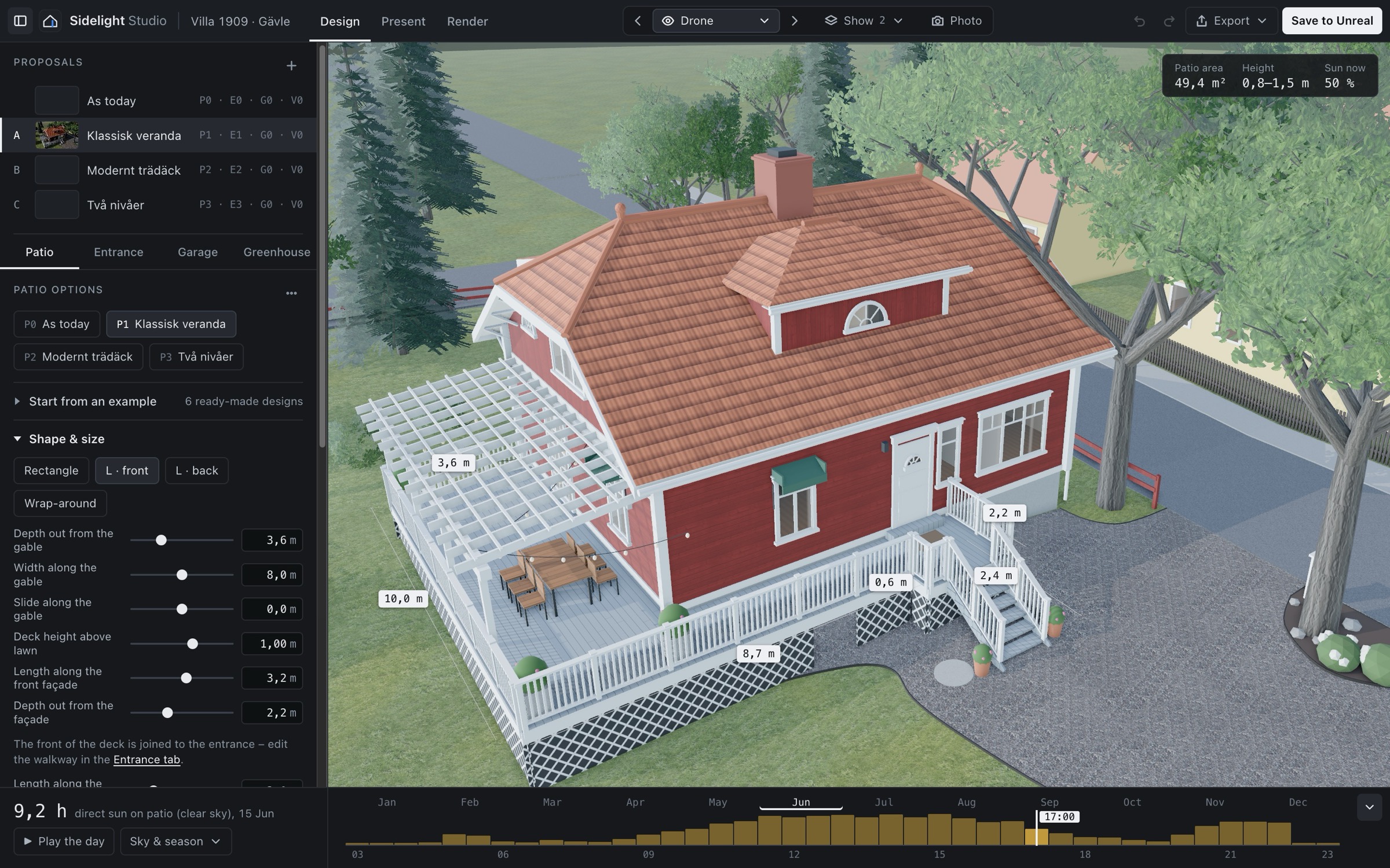 Sidelight Studio: förslagen till vänster, huset i 3D i mitten och solens tidslinje längs nederkanten